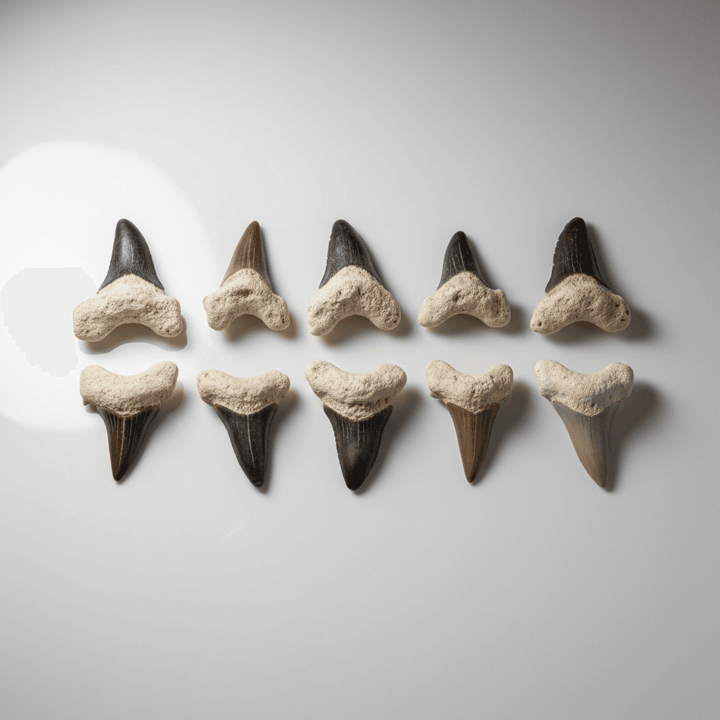 A high-resolution, photorealistic close-up shot of a single shark tooth, meticulously illuminated with diffused daylight through a softbox, highlighting its natural texture and sharp edges. The camera uses a macro lens at 100mm focal length, with a shallow