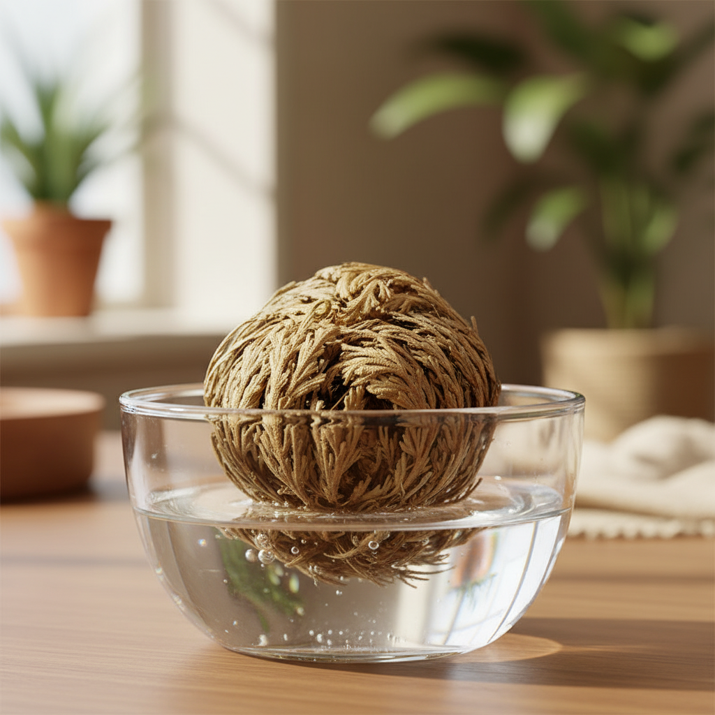 A beautifully composed, hyper-realistic depiction of the Jericho Flowers placed in a clear glass bowl partially filled with water, set within a warm, inviting naturalistic environment that suggests a gentle indoor setting. Soft, diffused daylight illuminat