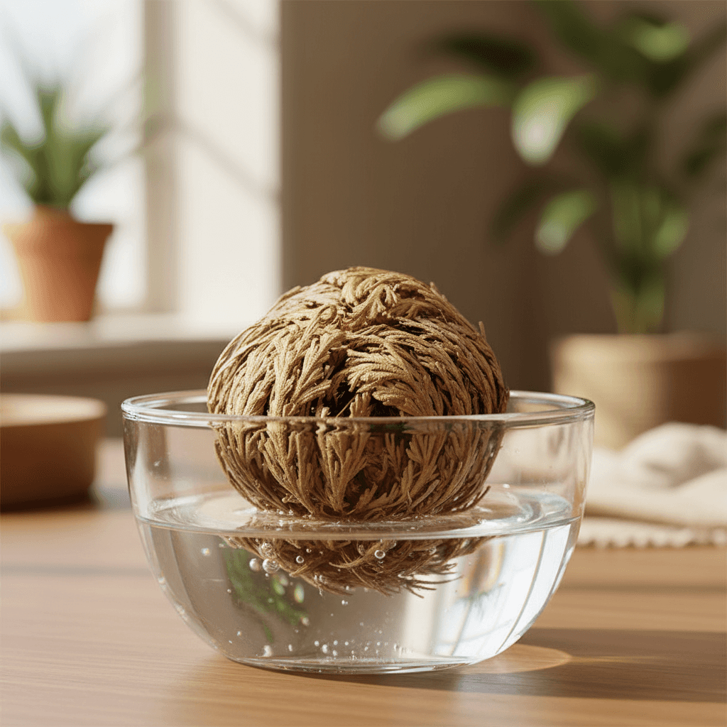 A beautifully composed, hyper-realistic depiction of the Jericho Flowers placed in a clear glass bowl partially filled with water, set within a warm, inviting naturalistic environment that suggests a gentle indoor setting. Soft, diffused daylight illuminat