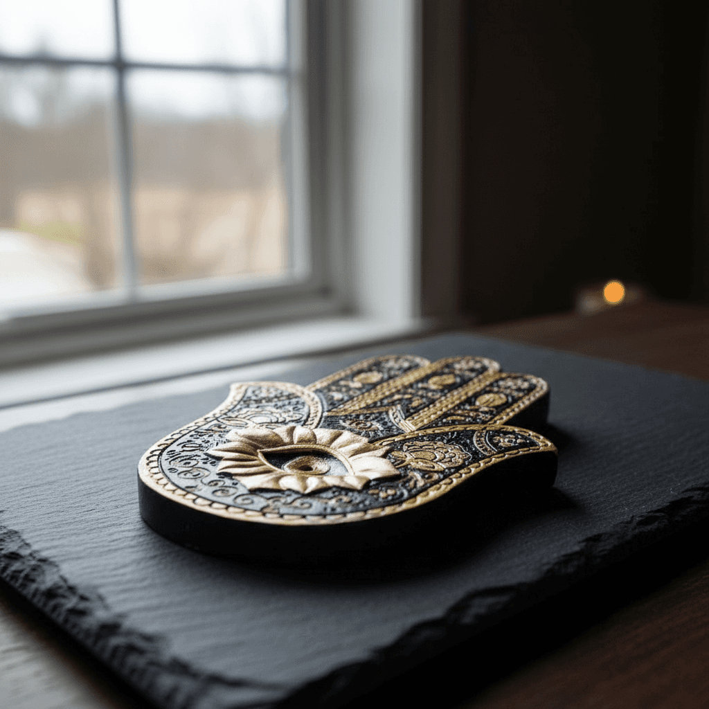A highly detailed, photorealistic studio shot of the Gold & Black Hamsa incense burner, positioned diagonally on a sleek, dark slate surface illuminated by diffused daylight from a large window. The black resin base with intricate gold designs is prominent