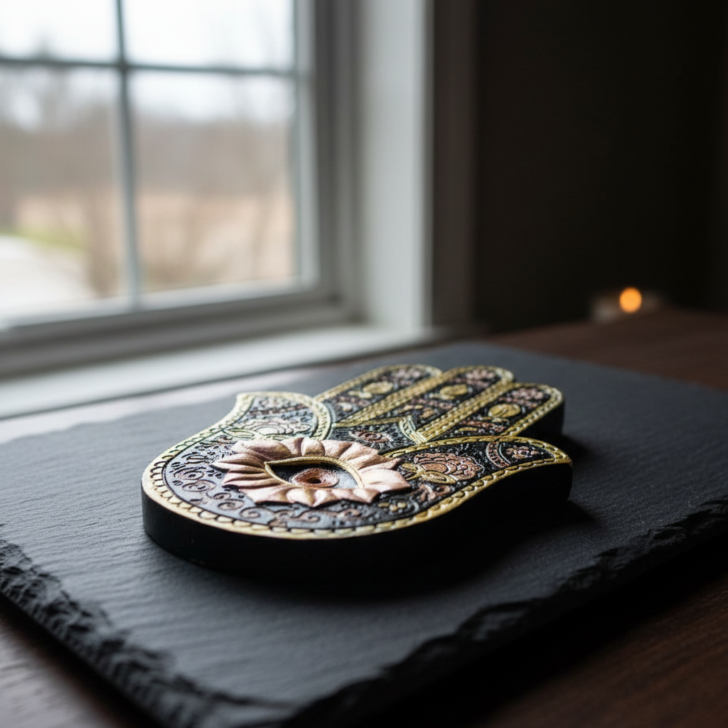 A highly detailed, photorealistic studio shot of the Gold & Black Hamsa incense burner, positioned diagonally on a sleek, dark slate surface illuminated by diffused daylight from a large window. The black resin base with intricate gold designs is prominent