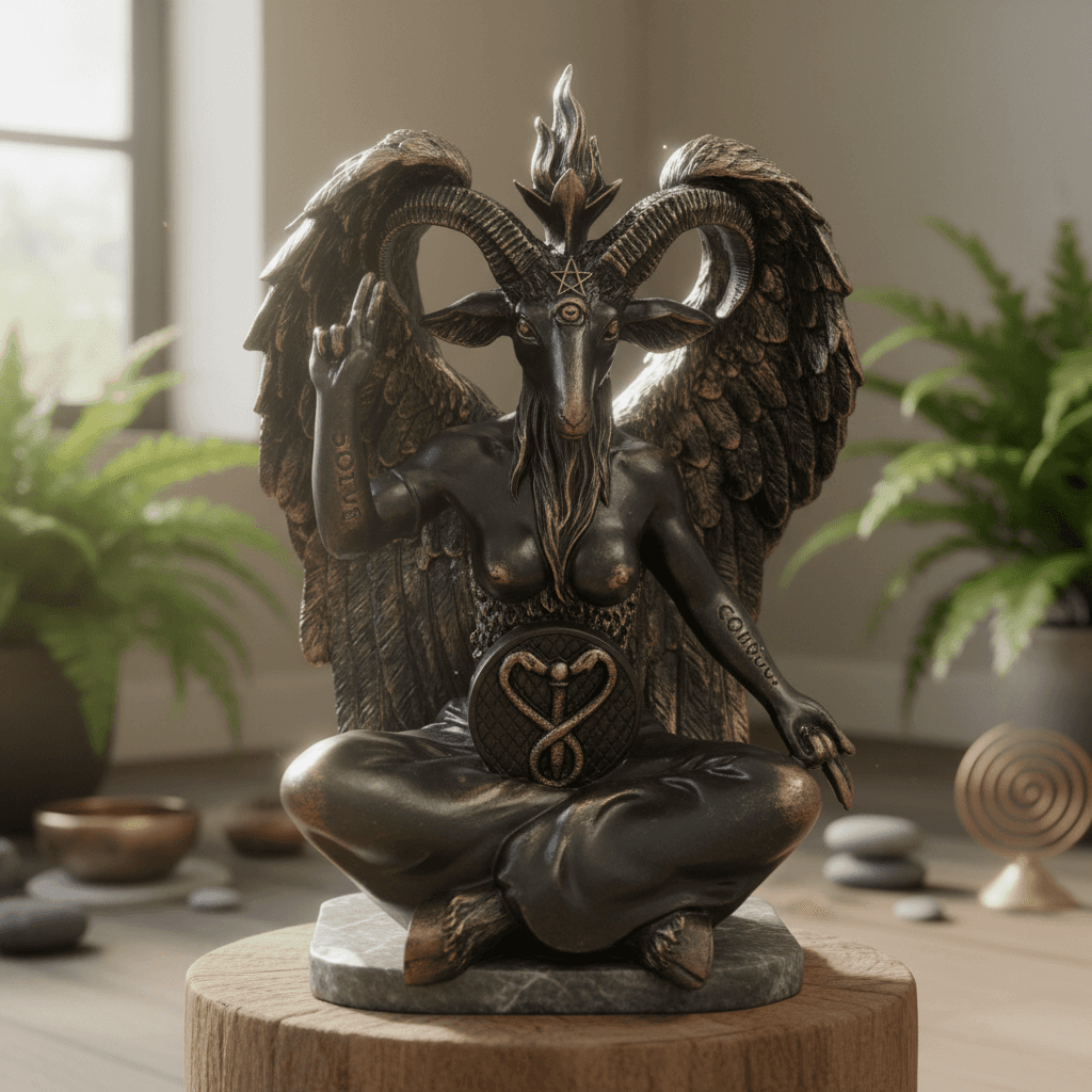 A highly detailed, photorealistic image of a 24-inch Baphomet Statue showcased in a serene, softly lit spiritual sanctuary. The scene features diffused daylight coming from a nearby window, highlighting the intricate textures of aged bronze and smooth ston