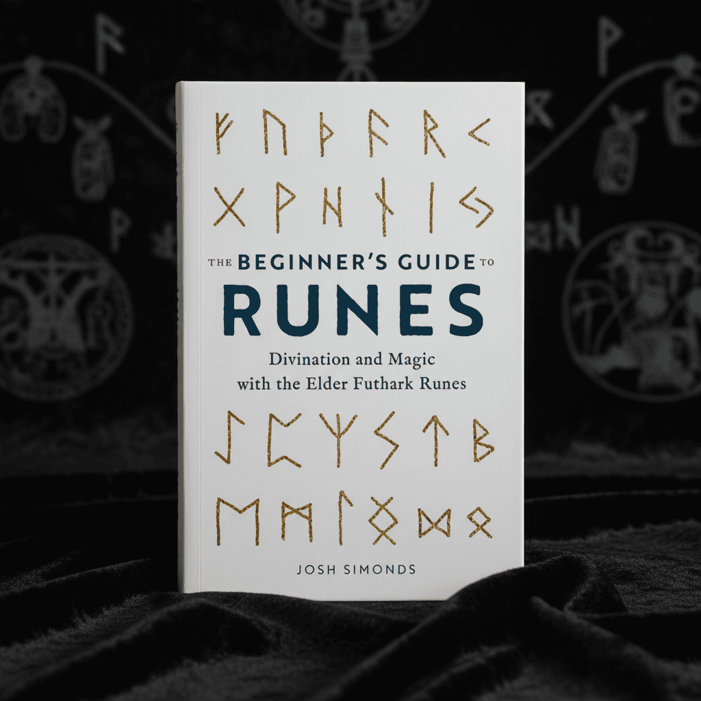 A cinematic composition showcasing the book 'Beginner's Guide to Runes by Josh Simonds' standing upright on a dark, textured velvet cloth. The scene uses HDR studio lighting to create balanced highlights and shadows, emphasizing the richness of the cover's
