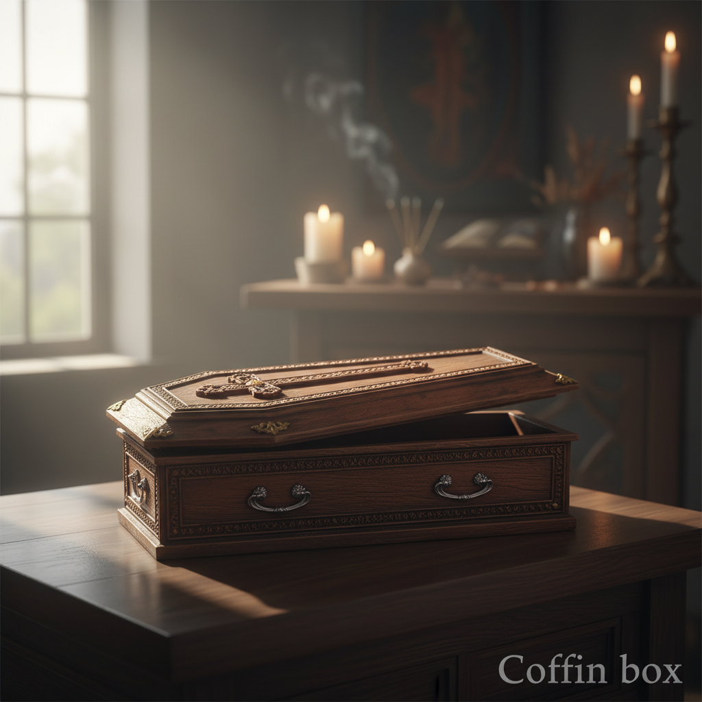 A hyper-realistic lifestyle setting featuring the pine coffin box resting on a polished wooden surface with soft, natural daylight streaming in from a window. The scene is styled to evoke tranquility and reverence, with a blurred altar or sacred space in t