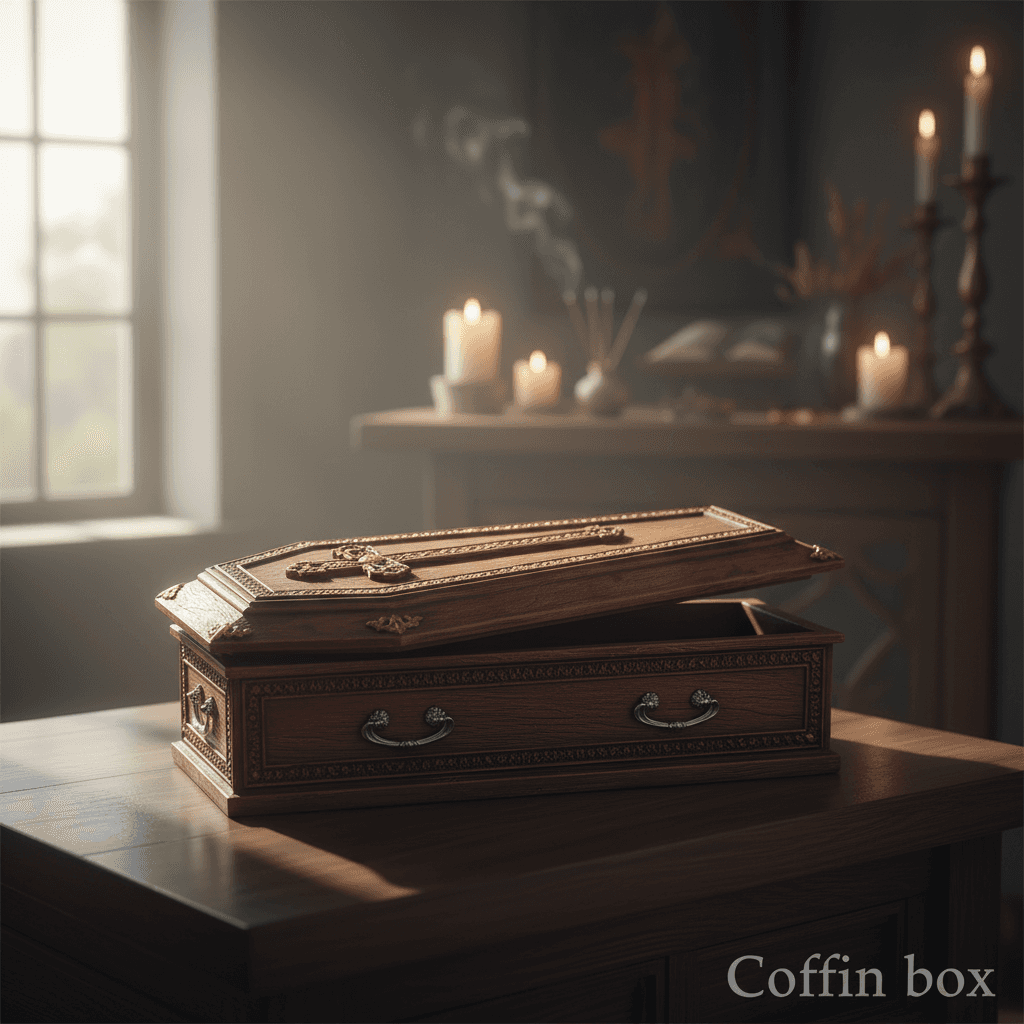 A hyper-realistic lifestyle setting featuring the pine coffin box resting on a polished wooden surface with soft, natural daylight streaming in from a window. The scene is styled to evoke tranquility and reverence, with a blurred altar or sacred space in t