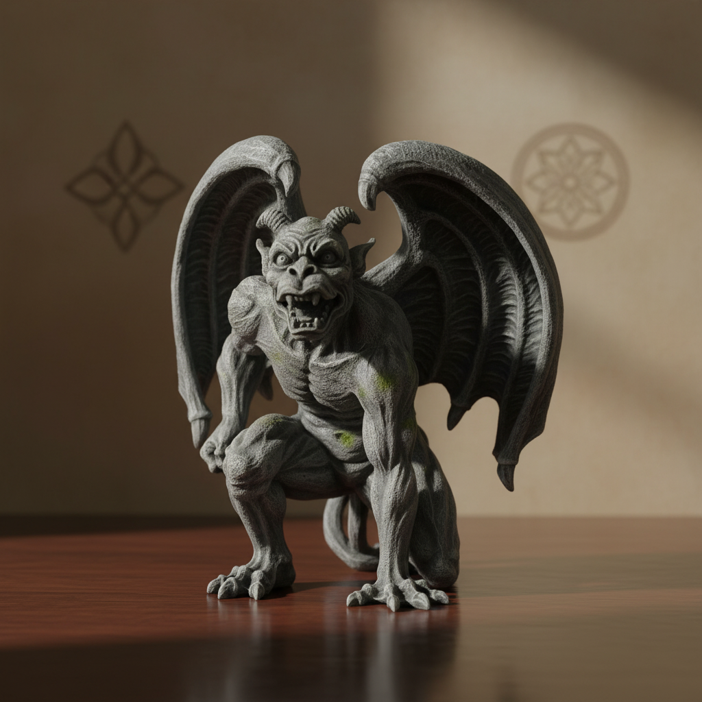 A studio shot showcasing the Gargoyle Guardian Statue, 6 Inch, positioned atop a dark, polished wooden surface in a serene, softly illuminated ritual room. The scene employs HDR studio lighting to bring out every detail of the stone texture—from mossy patc