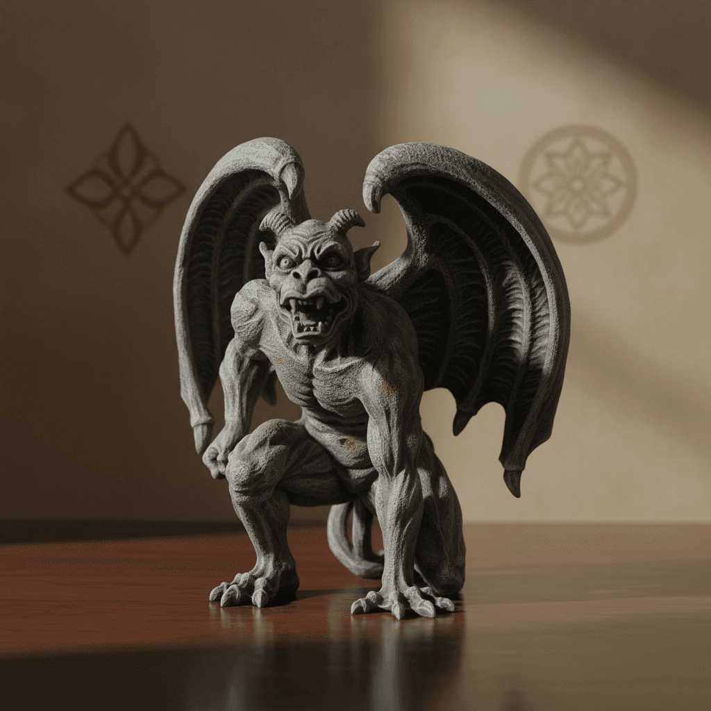 A studio shot showcasing the Gargoyle Guardian Statue, 6 Inch, positioned atop a dark, polished wooden surface in a serene, softly illuminated ritual room. The scene employs HDR studio lighting to bring out every detail of the stone texture—from mossy patc