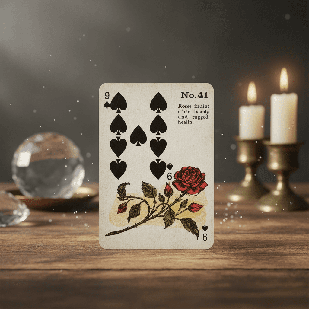 A visually rich, studio-quality scene depicting the Gypsy Witch Fortune Telling Playing Card displayed upright on an aged wooden table with a diffused daylight studio light illuminating it from the side to create gentle shadows that accentuate the cardβs t
