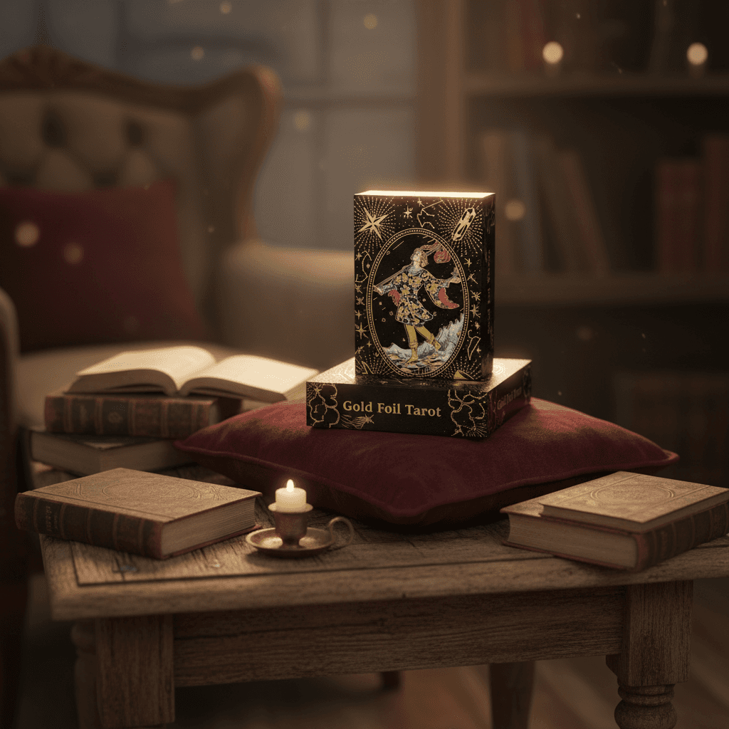 A cinematic lifestyle scene set in a cozy, vintage-inspired reading nook with warm, ambient lighting achieved through a rim light and softbox combination. The Black Rider-Waite tarot deck rests on a plush velvet cushion atop a rustic wooden table, surround
