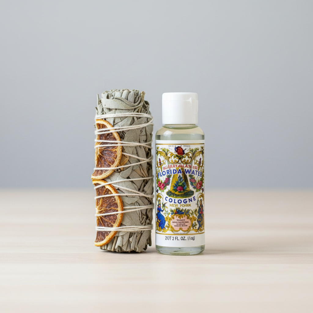 A bright, studio-shot composition of the Florida Water smudge kit displayed on a clean, minimalist wooden table. The scene is illuminated by softbox lighting that enhances the translucency of the 2oz. Florida Water bottle, highlighting its clear glass and