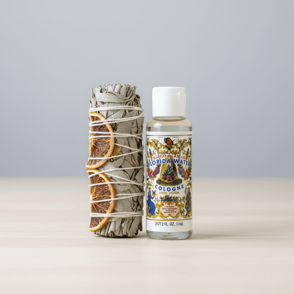 A bright, studio-shot composition of the Florida Water smudge kit displayed on a clean, minimalist wooden table. The scene is illuminated by softbox lighting that enhances the translucency of the 2oz. Florida Water bottle, highlighting its clear glass and