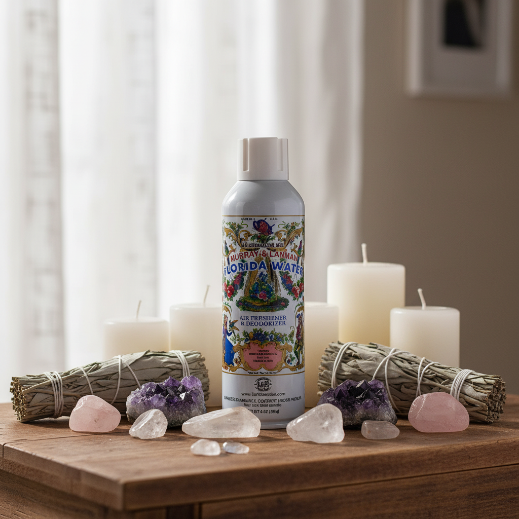 A vibrant lifestyle scene featuring the Florida Water Spray bottle placed on a wooden altar with candles, sage, and crystals arranged around it. Natural diffused daylight filters through sheer curtains, creating a warm, peaceful ambiance. The camera is set