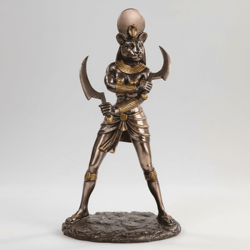 A highly detailed, photorealistic studio shot of the 'Sekhmet statue 11 1/2' in a regal, commanding pose, captured with a macro lens at 85mm focal length, showcasing the intricate hand-painted textures of cold cast resin. The scene features softbox lightin