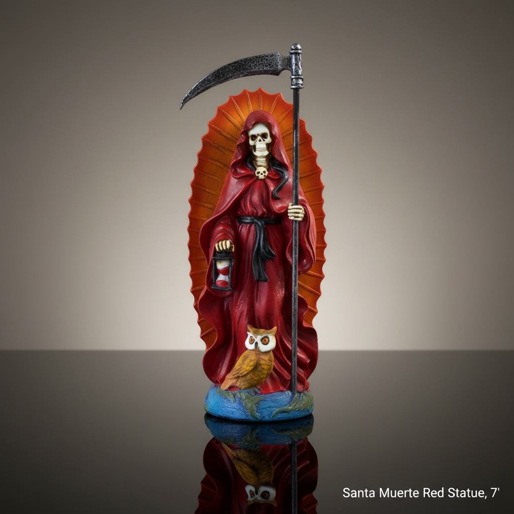 A stunning, photorealistic close-up of the Santa Muerte Red Statue, 7' tall, displayed on a sleek, dark reflective surface. The scene is lit with diffused daylight through a softbox, creating gentle highlights on the rich, smooth resin material that mimics