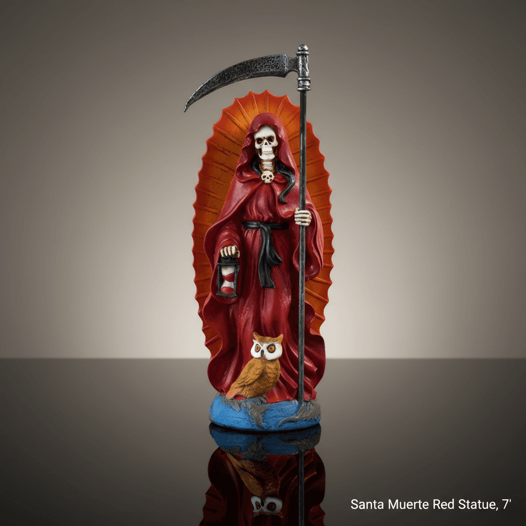 A stunning, photorealistic close-up of the Santa Muerte Red Statue, 7' tall, displayed on a sleek, dark reflective surface. The scene is lit with diffused daylight through a softbox, creating gentle highlights on the rich, smooth resin material that mimics
