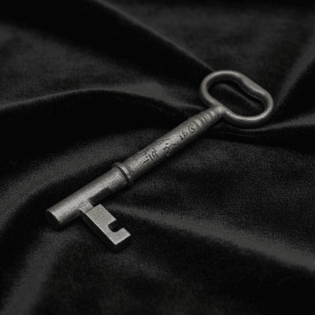 A highly detailed, photorealistic shot of a solid iron key, 5-6 inches in length, resting on a textured dark velvet cloth within a professional studio setting. The scene is illuminated with softbox lighting to emphasize the metallic shine and intricate eng