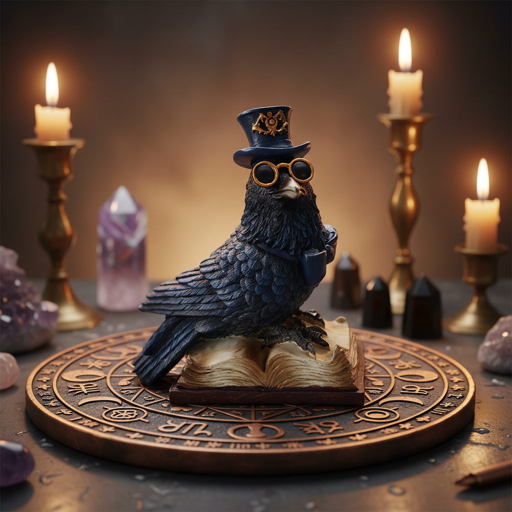 A cinematic lifestyle setting featuring the Steampunk Raven Figurine prominently displayed on an ornate metal altar decorated with metaphysical symbols, illuminated by HDR studio lighting that emphasizes the intricate textures of the cold cast resin. The a