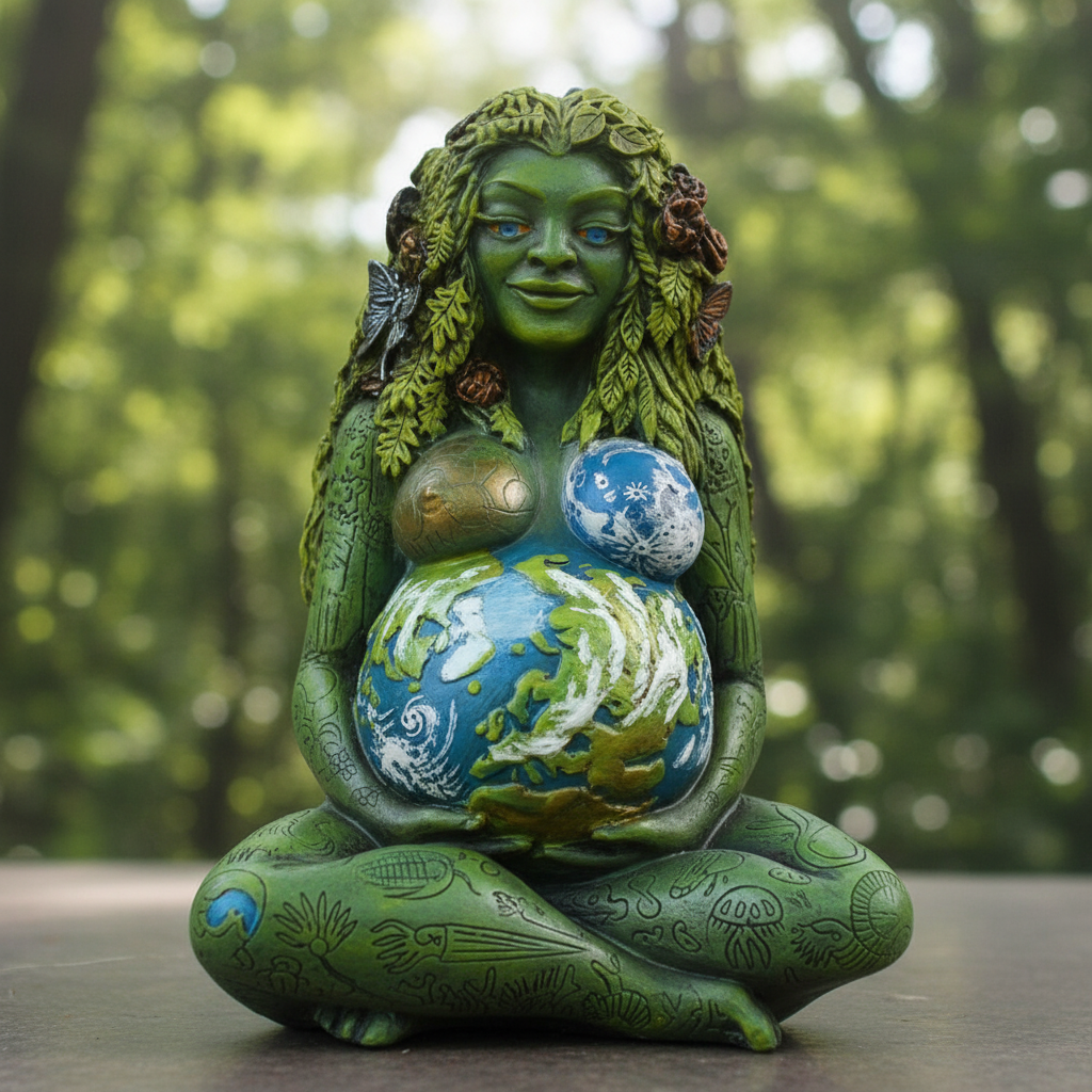 A lifelike depiction of the 'Millennial Gaia, 6 1/2 Inches' statue placed in a serene, naturalistic setting, shot from a slightly elevated angle using a 50mm lens to capture the full figure. The scene is illuminated by diffused daylight to create a soft, n