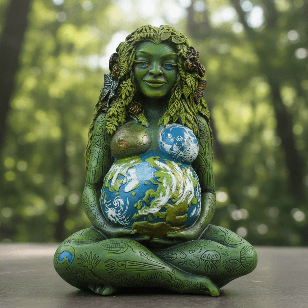A lifelike depiction of the 'Millennial Gaia, 6 1/2 Inches' statue placed in a serene, naturalistic setting, shot from a slightly elevated angle using a 50mm lens to capture the full figure. The scene is illuminated by diffused daylight to create a soft, n