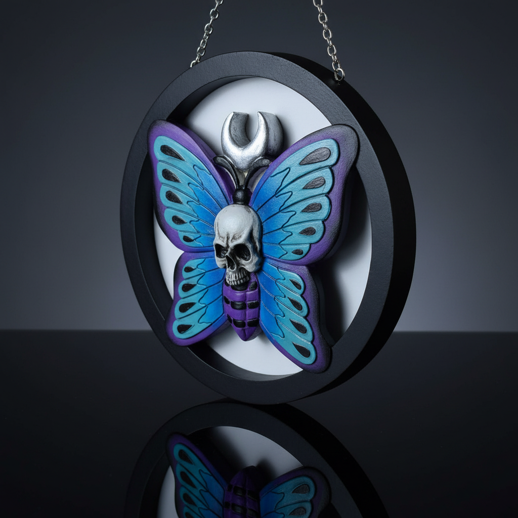 Capture a highly detailed, hyperrealistic studio shot of the 'Hanging Skull on Butterfly Plaque' set against a sleek, matte charcoal backdrop. Use HDR studio lighting with softboxes to evenly illuminate the intricate textures of the skull and delicately hi