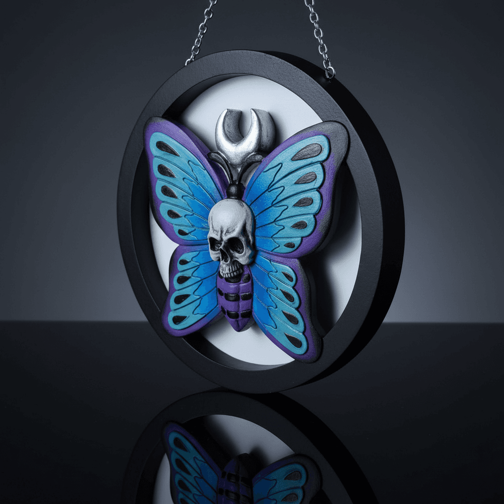 Hanging Skull on Butterfly Plaque, 8 Inches, alternate view