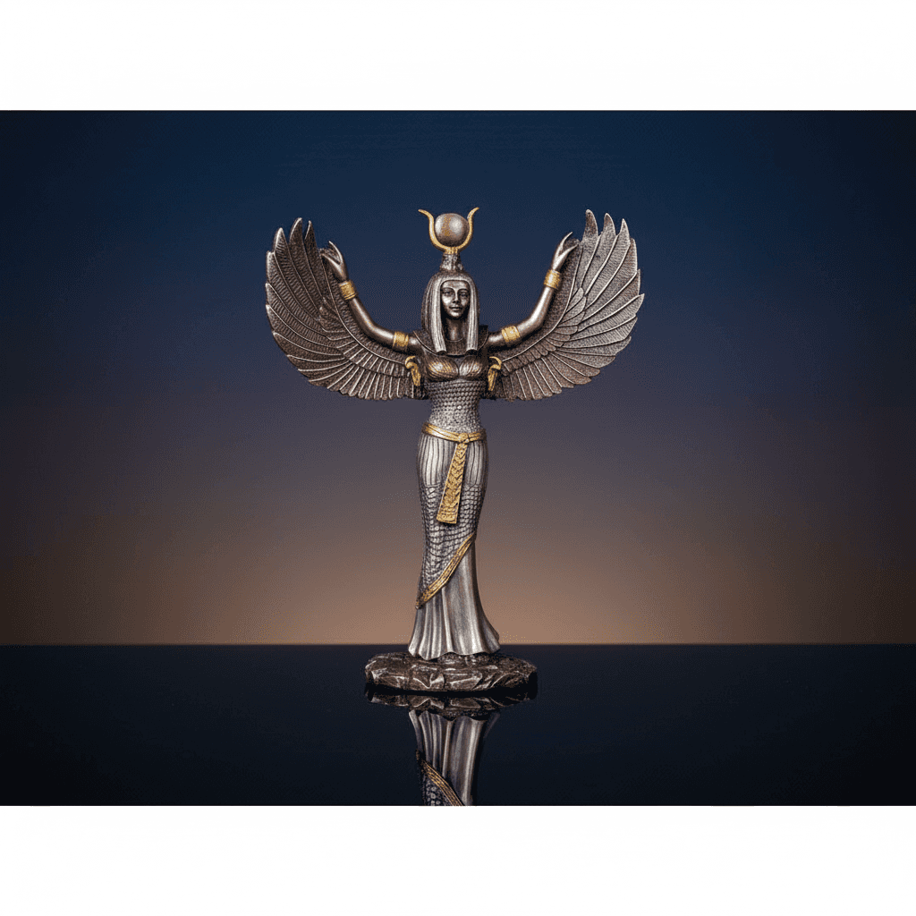 A highly detailed, ultra-photorealistic studio shot of the 'Egyptian Isis' statue, captured from a slightly elevated angle emphasizing the majestic spread wings and regal posture. The scene features diffused daylight from a large softbox to highlight the i