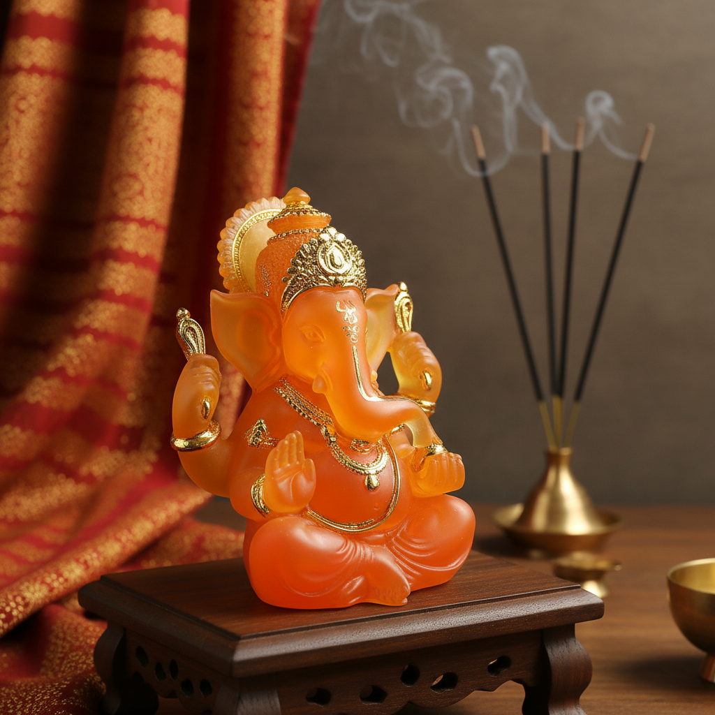 A realistic, studio-lit scene featuring the Orange and Gold Ganesh Statue placed on an elegant wooden altar, styled with sacred textiles and incense in the background, softly out of focus. The lighting setup includes a diffused daylight balanced HDR studio
