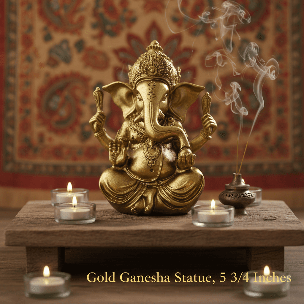 A close-up, studio-quality shot of a Gold Ganesha Statue, 5 3/4 inches, styled in a naturalistic, lifestyle scene. The statue is positioned on a rustic wooden altar, surrounded by soft, ambient candlelight and subtle incense smoke, evoking a spiritual and