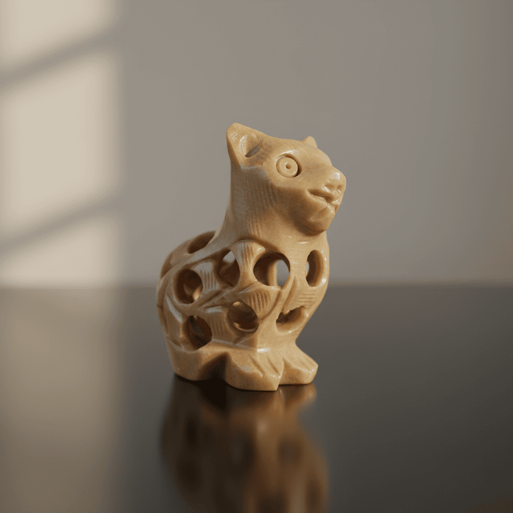A highly detailed, photorealistic close-up of a soapstone cat carving measuring 2 inches, placed on a sleek, reflective black surface under softbox studio lighting. The scene captures the natural matte finish and subtle marble textures of the soapstone, wi