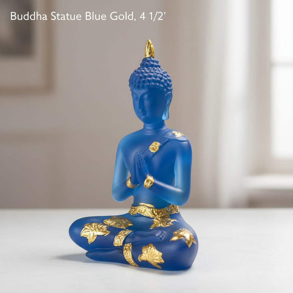 A highly detailed, photorealistic studio shot of the Buddha Statue Blue Gold, 4 1/2 feet tall, positioned centrally against an elegant, softly blurred neutral backdrop. The scene uses HDR studio lighting with a softbox to gently illuminate the rich blue an