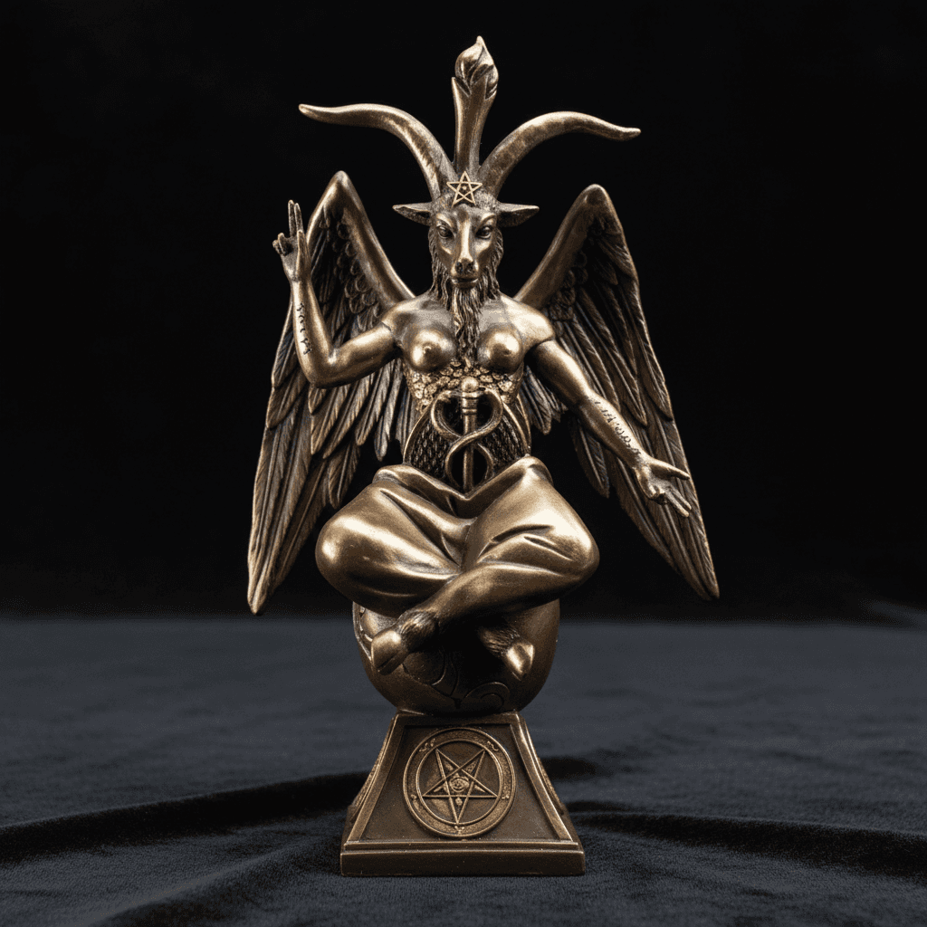 A highly detailed, photorealistic close-up shot of the Baphomet Statue, 9.5 x 5.5 x 3.25 inches, placed on a dark velvet cloth background. The lighting uses softbox studio lighting to enhance the intricate textures of the statue’s polished metallic surface