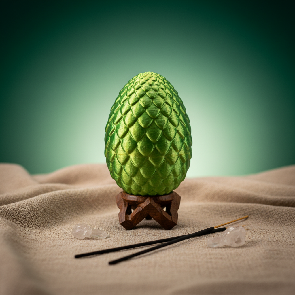 A serene, mystical studio scene capturing the Green Dragon Egg 3D printed amid a contemporary spiritual setting. The egg rests in a handcrafted wooden stand atop a textured, earth-toned fabric cloth, surrounded by ambient ambient lighting from overhead sof