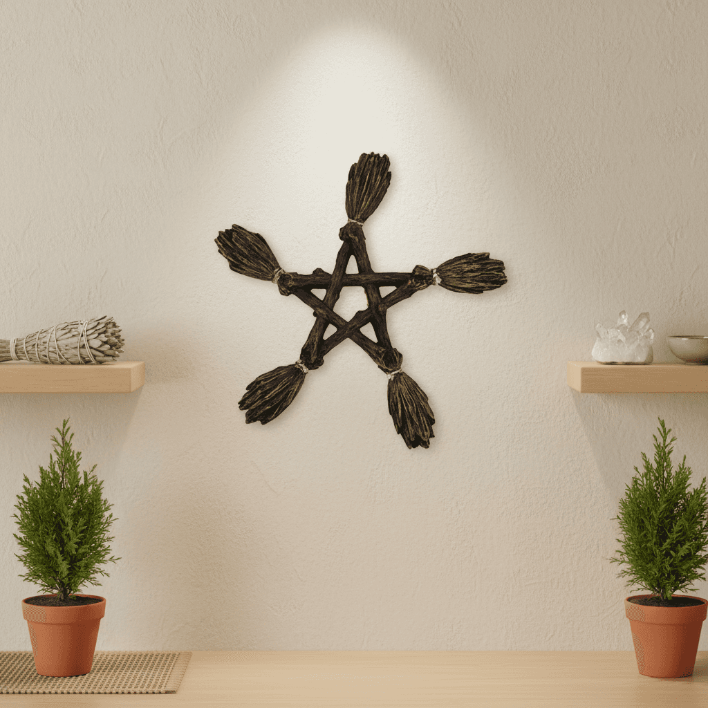 A captivating, photorealistic scene showcasing the Broom Pentagram Wall Hanging hung on a textured, matte-finish wall inside a modern spiritual room. The composition employs HDR studio lighting to create a balanced, evenly lit setting that accentuates the