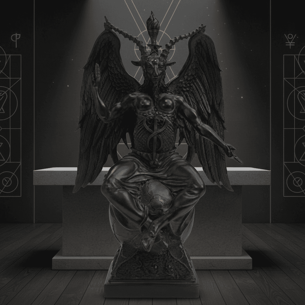 In a serene, modern ritual space adorned with spiritual symbols and subtle ambient lighting, a photorealistic 14 1/2-inch Baphomet Statue is placed on a sleek, stone altar. The scene employs HDR studio lighting with softbox diffusion to evenly illuminate t