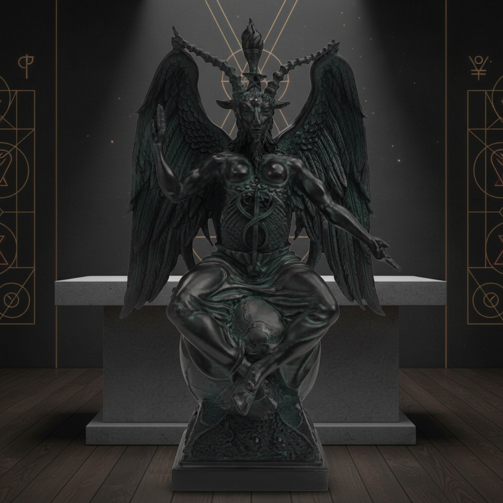 In a serene, modern ritual space adorned with spiritual symbols and subtle ambient lighting, a photorealistic 14 1/2-inch Baphomet Statue is placed on a sleek, stone altar. The scene employs HDR studio lighting with softbox diffusion to evenly illuminate t