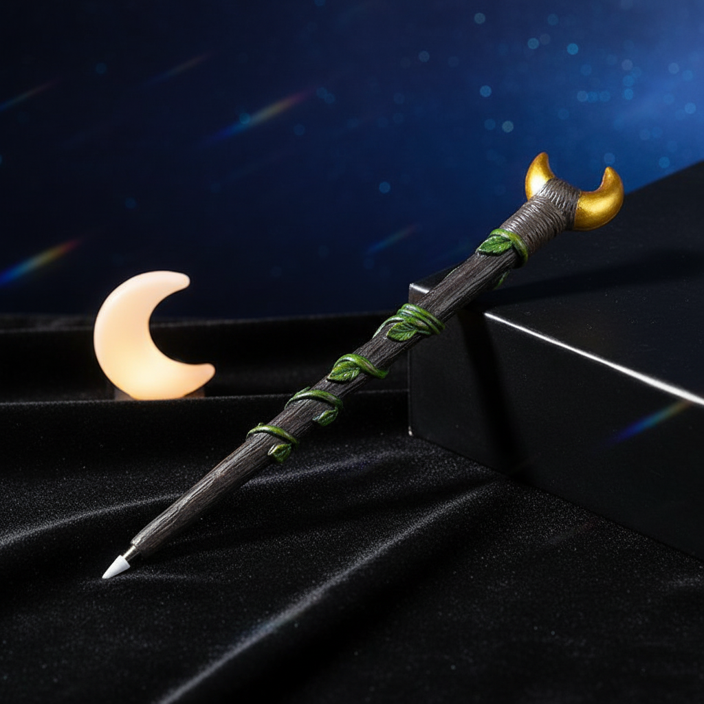 A highly detailed, photorealistic studio shot of the Moon Magic Wand Pen, 9 1/2 inches, resting on a sleek, polished black velvet surface. The scene is illuminated by a softbox light that creates gentle, diffused daylight highlighting the pen's intricate c