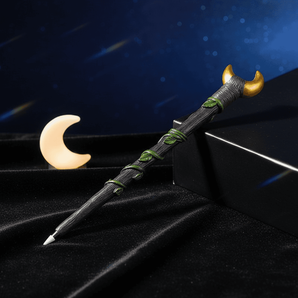 A highly detailed, photorealistic studio shot of the Moon Magic Wand Pen, 9 1/2 inches, resting on a sleek, polished black velvet surface. The scene is illuminated by a softbox light that creates gentle, diffused daylight highlighting the pen's intricate c
