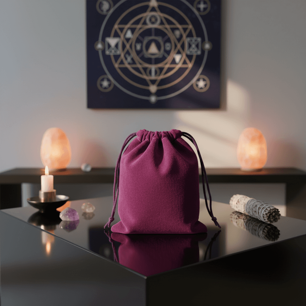 A highly detailed, hyper-realistic scene showing the purple velveteen bag, 5' x 7', placed in a contemporary spiritual setting designed for meditation and ritual work. Shot from a slightly elevated angle using a 50mm lens with a shallow depth of field to f