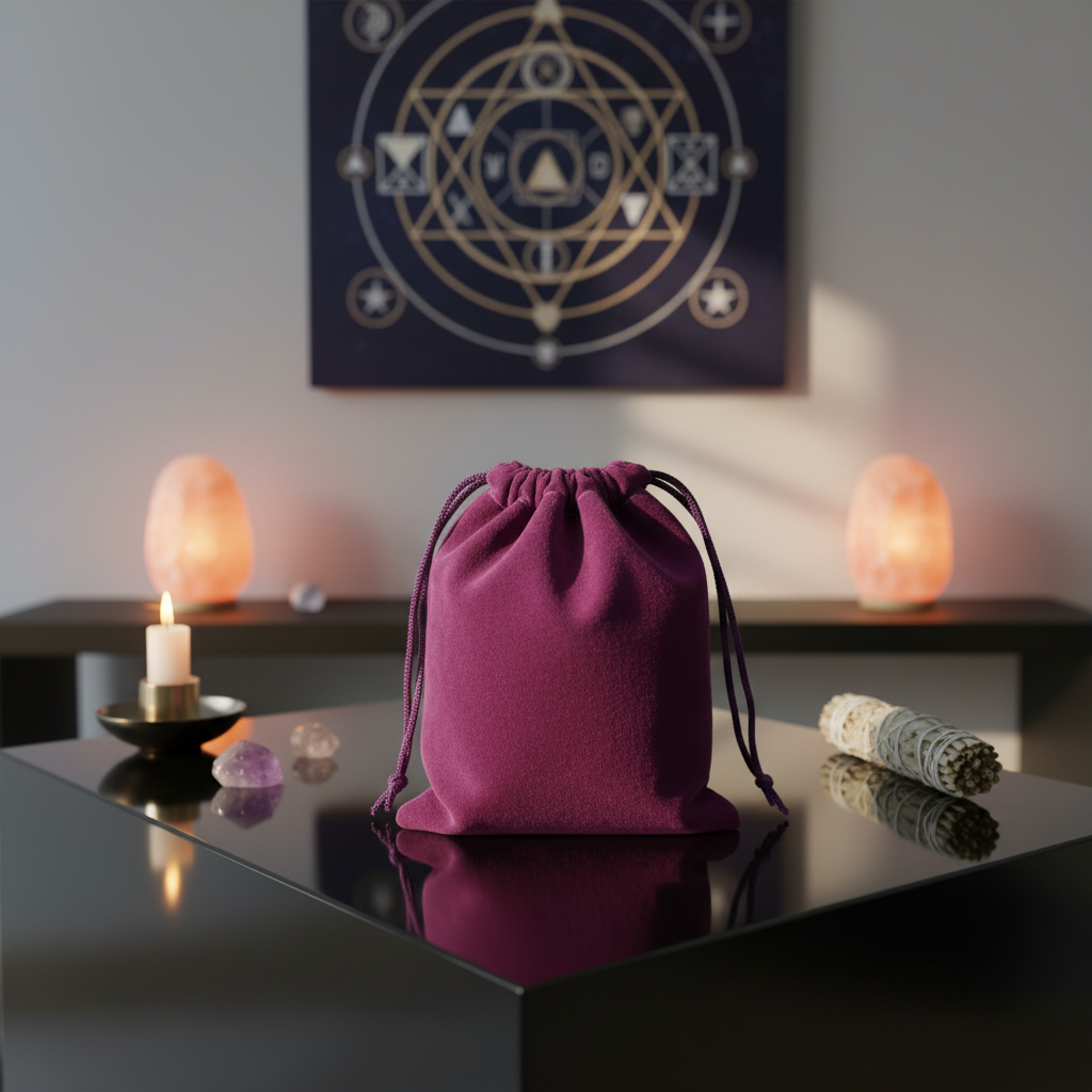 A highly detailed, hyper-realistic scene showing the purple velveteen bag, 5' x 7', placed in a contemporary spiritual setting designed for meditation and ritual work. Shot from a slightly elevated angle using a 50mm lens with a shallow depth of field to f