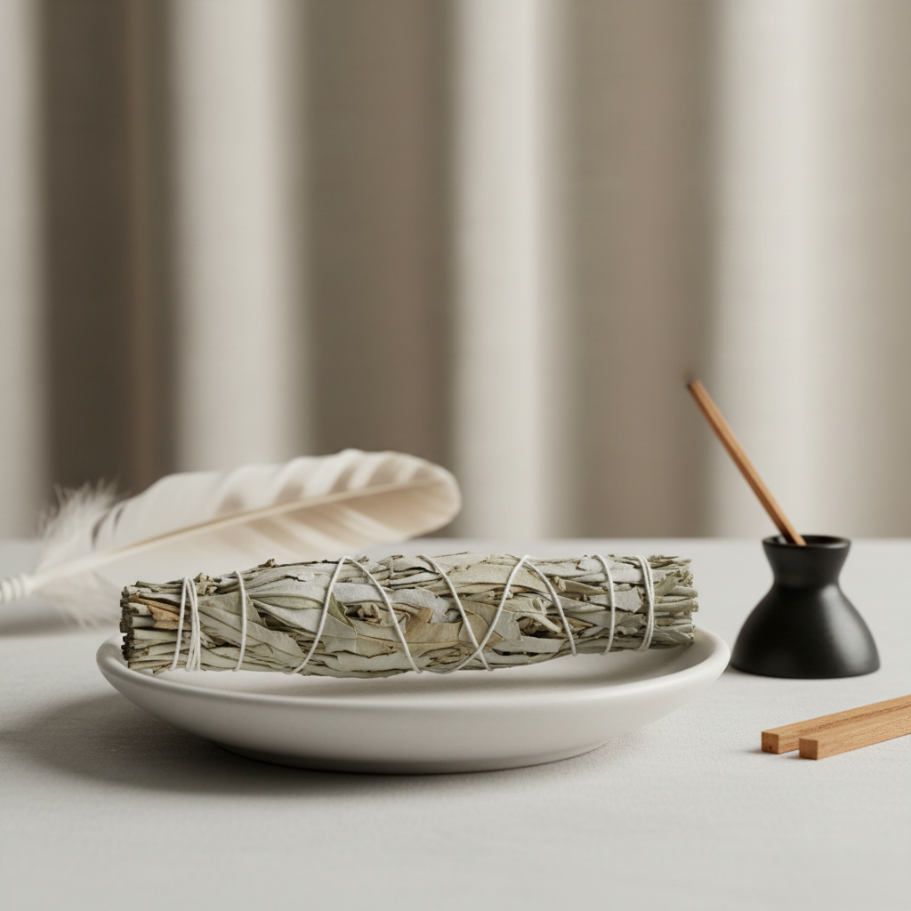 A captivating, photorealistic composition set in a modern spiritual sanctuary with a clear focus on the white sage smudge stick, measuring 5-6 inches, artistically displayed on a matte white ceramic dish. The scene uses softbox lighting to gently highlight