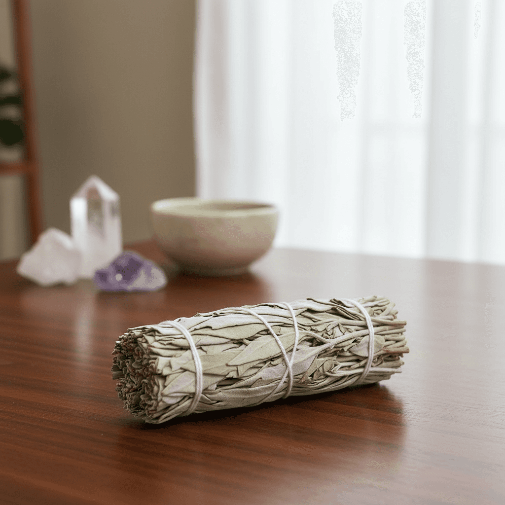 A highly detailed, photorealistic close-up of a white sage smudge stick, approximately 5-6 inches long, resting on a smooth, dark wooden surface that reflects subtle natural light. The scene is set in a modern spiritual space illuminated by soft, diffused