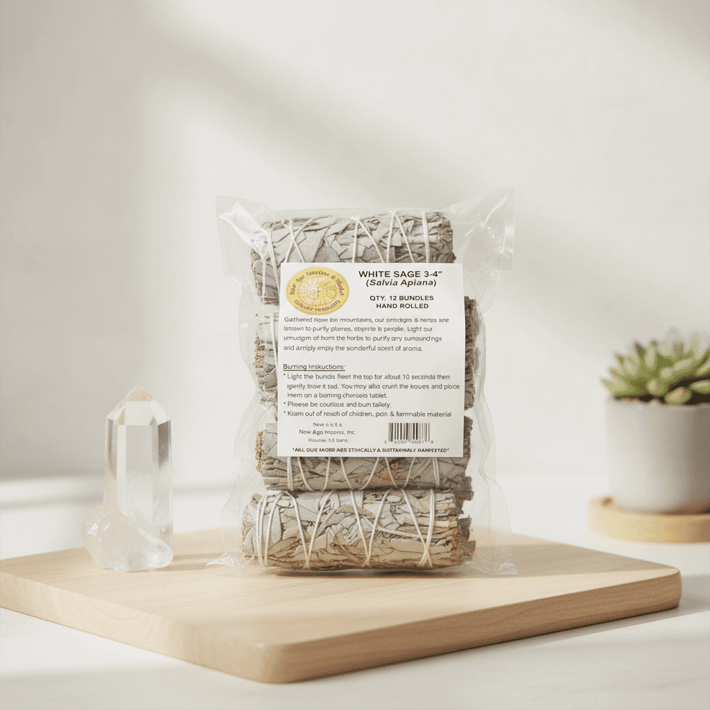 A cinematic, studio-lit shot of the White Sage Smudge Stick set in a serene, modern spiritual environment. Shot from a slightly elevated angle using a 50mm lens with a shallow depth of field, focusing sharply on the set of 12 sage sticks that are neatly bu