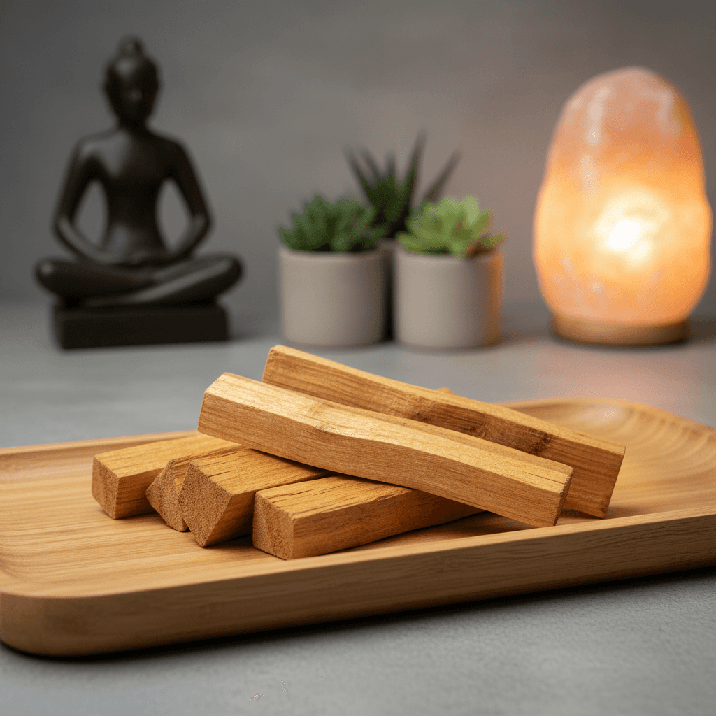 A cinematic, high-definition shot of a set of 10-12 Palo Santo smudge sticks, each approximately 4 inches long, artistically arranged on a sleek, light-colored wooden tray with a matte finish. The scene is illuminated by a rim light to highlight the warm,