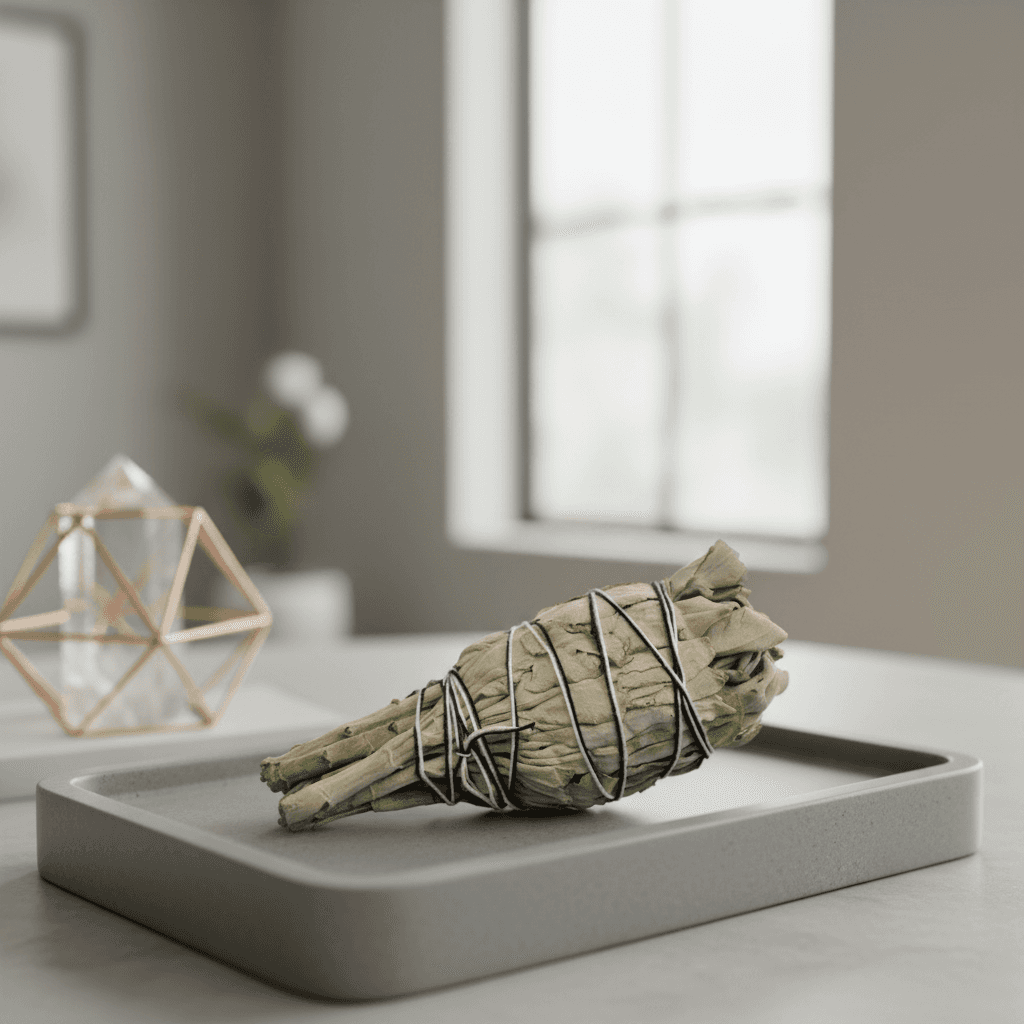A highly detailed, photorealistic close-up shot of a California White Sage Smudge Stick, 4 inches long, resting on a sleek, modern stone tray within a contemporary metaphysical home setting. Softbox lighting highlights the natural, fibrous texture of the s