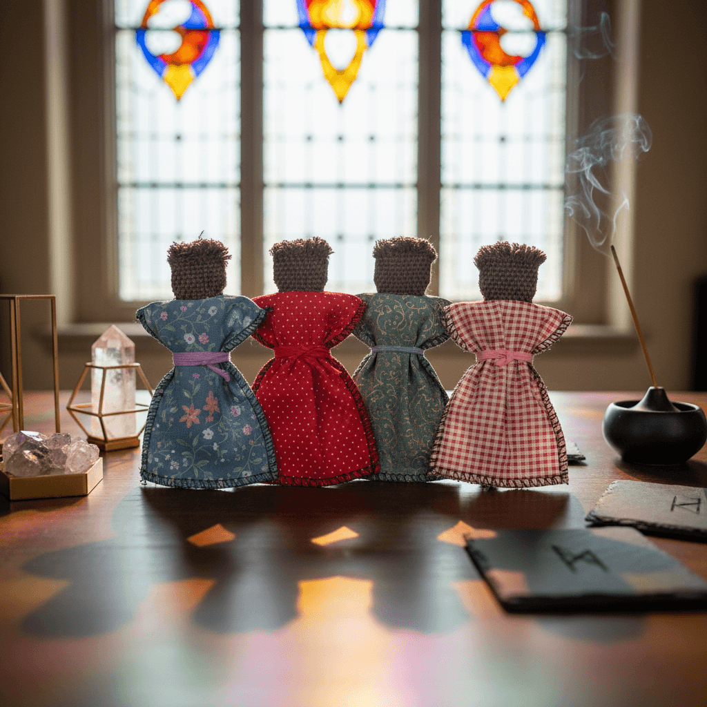 A meticulously crafted brown skin voodoo doll placed on a sleek, dark wooden altar within a contemporary, mystical home setting. Soft diffused daylight filters through large stained glass windows, casting colorful reflections across the scene. The doll is