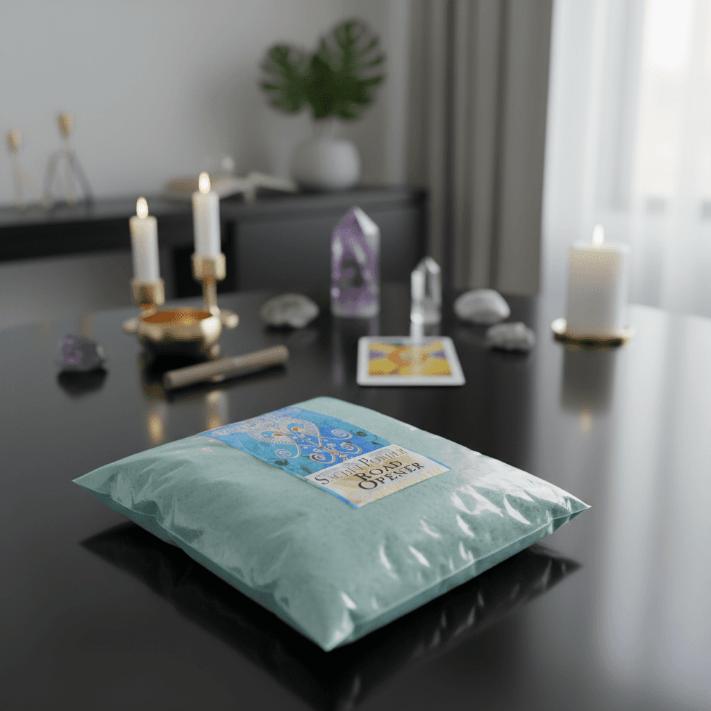A close-up shot of a 1 lb packet of Road Opener Sachet Powder, placed on a sleek, reflective black surface in a modern, minimalist metaphysical home setting. The scene features softbox studio lighting that softly highlights the textured, earthy appearance