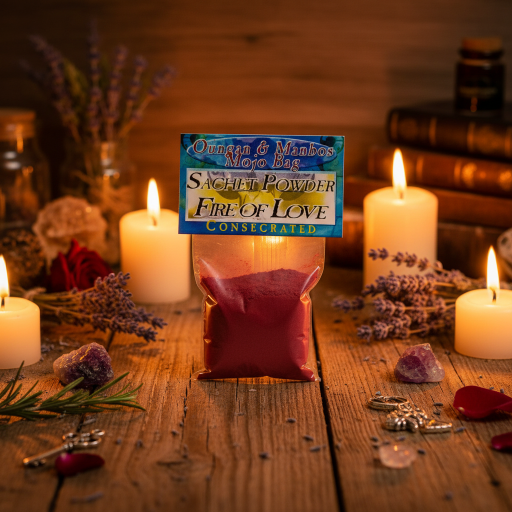 Design a luxurious lifestyle scene showcasing the 'Fire of Love Sachet Powder Consecrated' arranged artfully among ritual tools and candles. Position the sachet upright in the center of a rustic wooden table, surrounded by flickering candlelight that casts