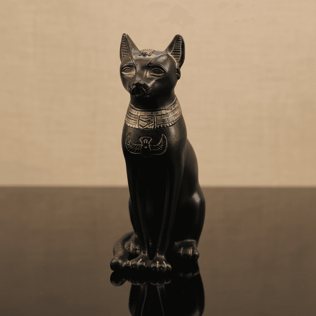 High-resolution studio shot of the 'Bastet 5 1/2"' statue, captured with a softbox lighting setup to highlight the delicate enamel details and smooth cold cast resin surface. Camera positioned at a slight low angle to emphasize the statue's elegant posture