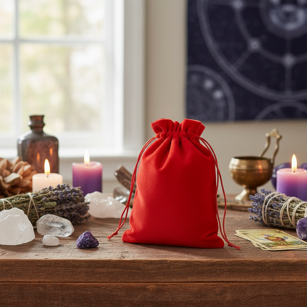 A vibrant lifestyle setting featuring the 'Red Velveteen Bag, 5 x 7' resting on a wooden altar adorned with crystals, candles, and herbs, illuminated by natural diffused daylight for a bright, harmonious mood. The camera, a 50mm prime lens at f/2.8, captur