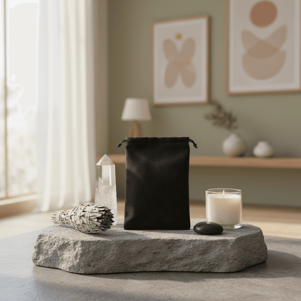A lifestyle composition capturing a Black Velveteen Pouch (5 x 7 inches) elegantly resting on a natural stone altar in a contemporary, zen-inspired home. The scene is illuminated with diffused daylight through a large window, giving a warm, inviting glow.